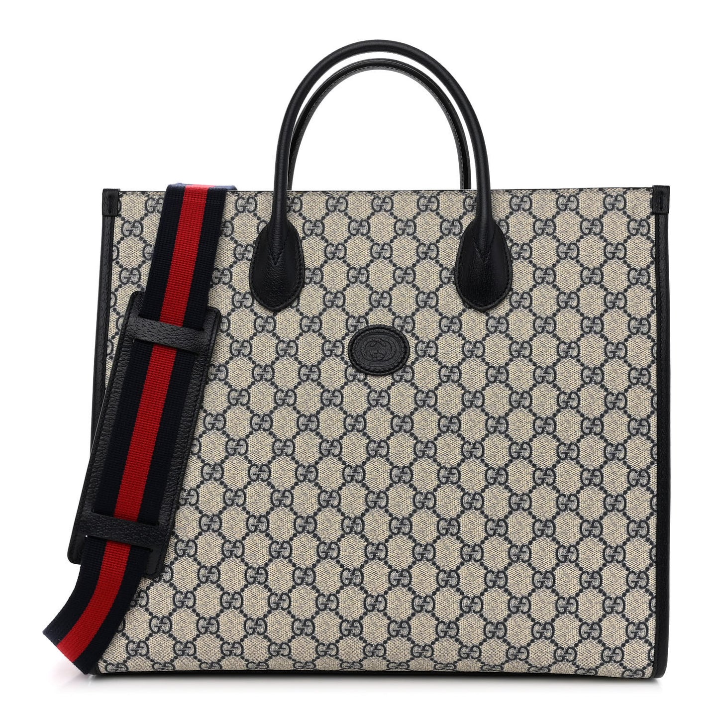 GG Supreme Monogram Textured Dollar Calfskin Web Medium Retro Interlocking G Tote Bag Beige Blue