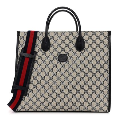 Gucci GG Supreme Monogram Textured Dollar Calfskin Web Medium Retro Interlocking G Tote Bag Beige Blue 1 of 9