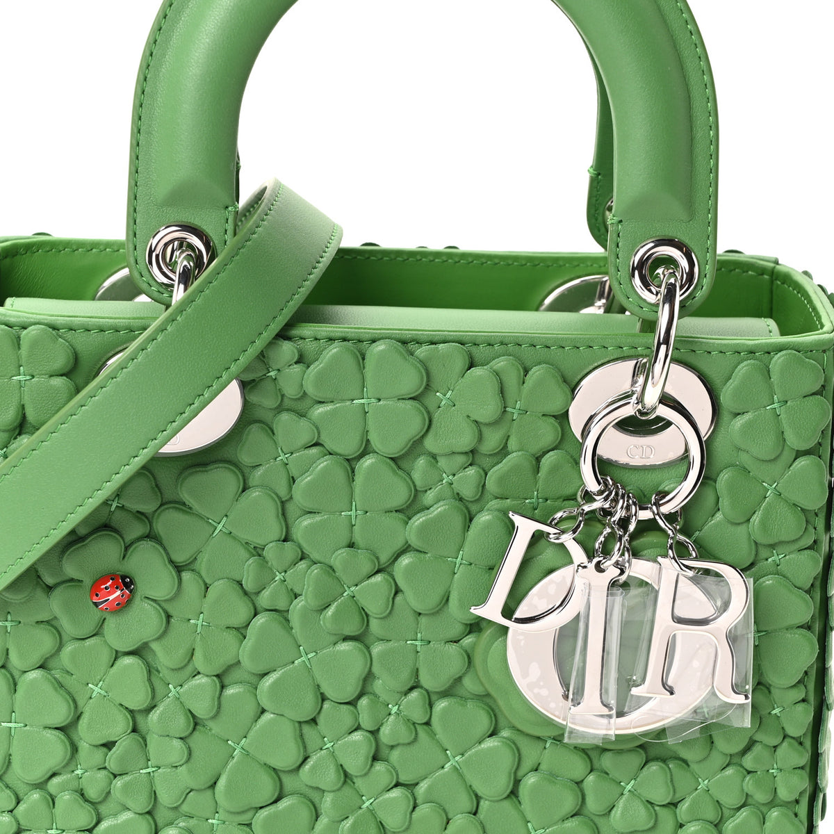 Lambskin Clover Allover Embroidered Small Lady Dior Shamrock Green
