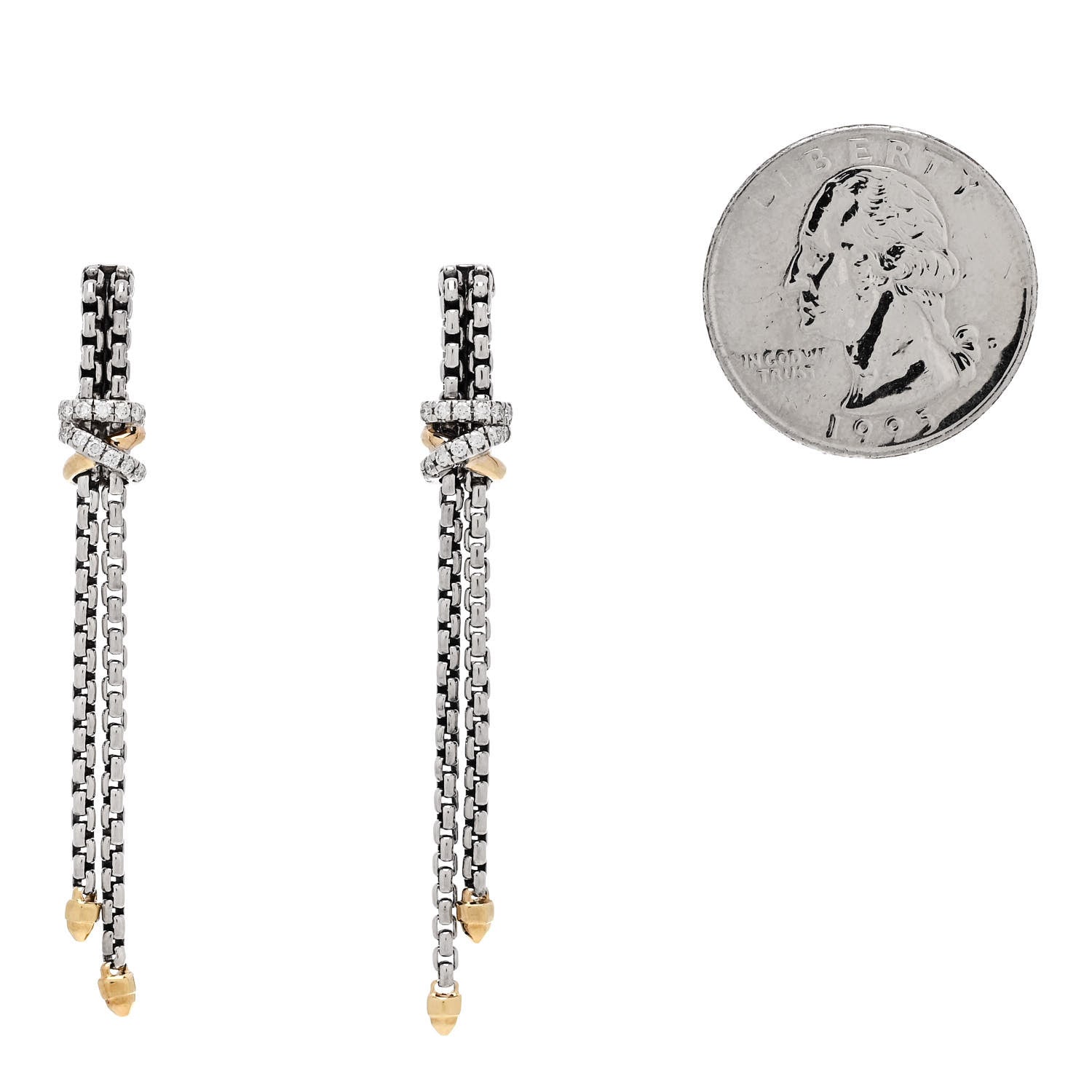 David Yurman Sterling Silver 18K Yellow Gold Diamond Helena Box Chain Drop Earrings 2 of 4