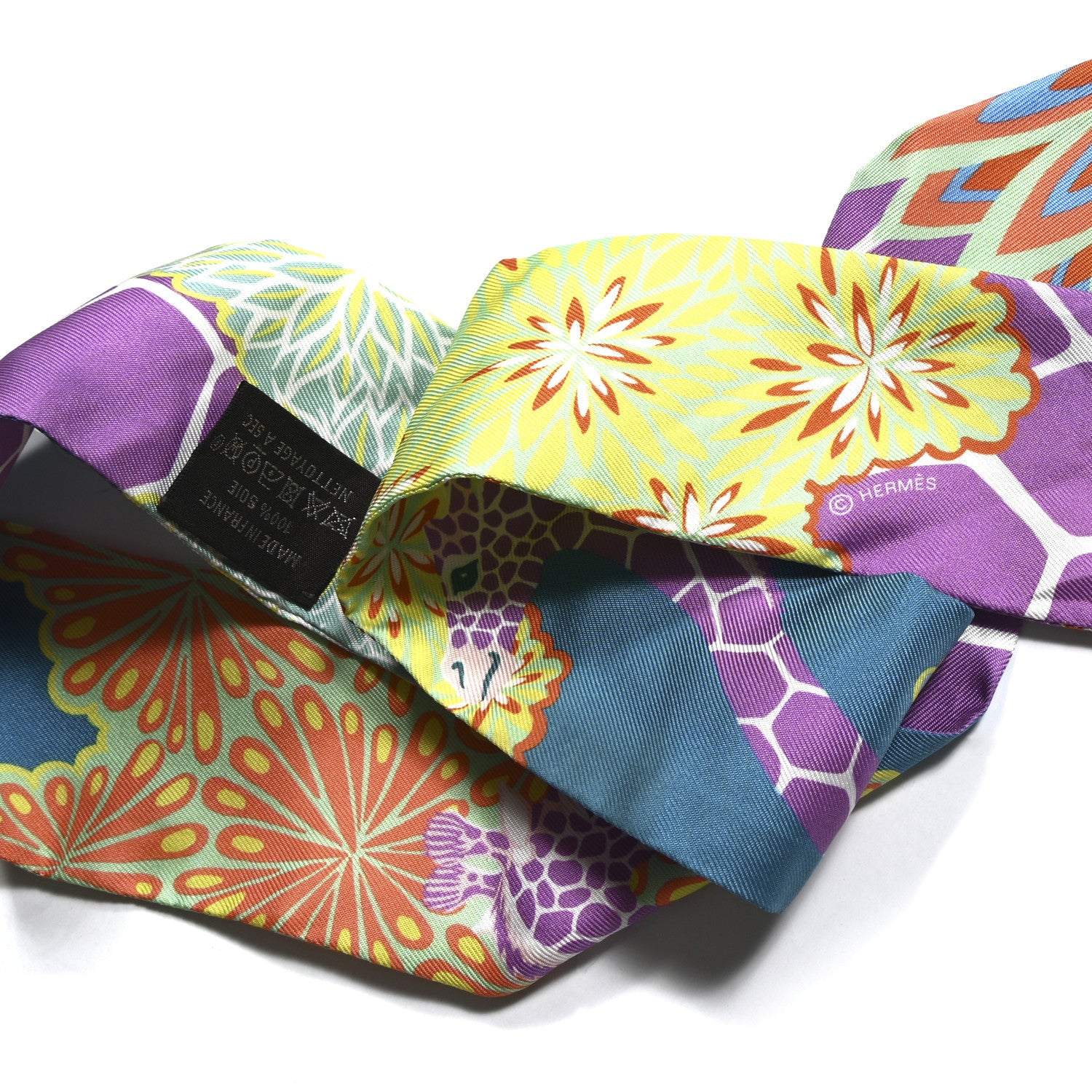 Hermes Silk The Three Graces Twilly Canard Mauve Jaune Fluo 4 of 4