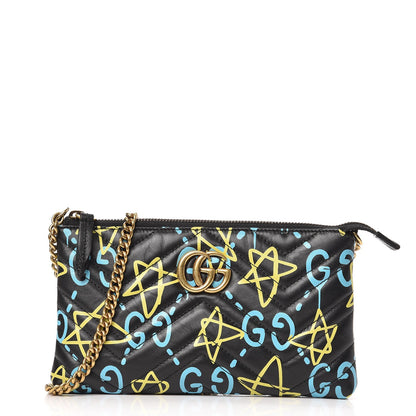 Gucci Calfskin Matelasse Printed Mini GucciGhost GG Marmont Chain Bag Black New Acquamarine 1 of 7
