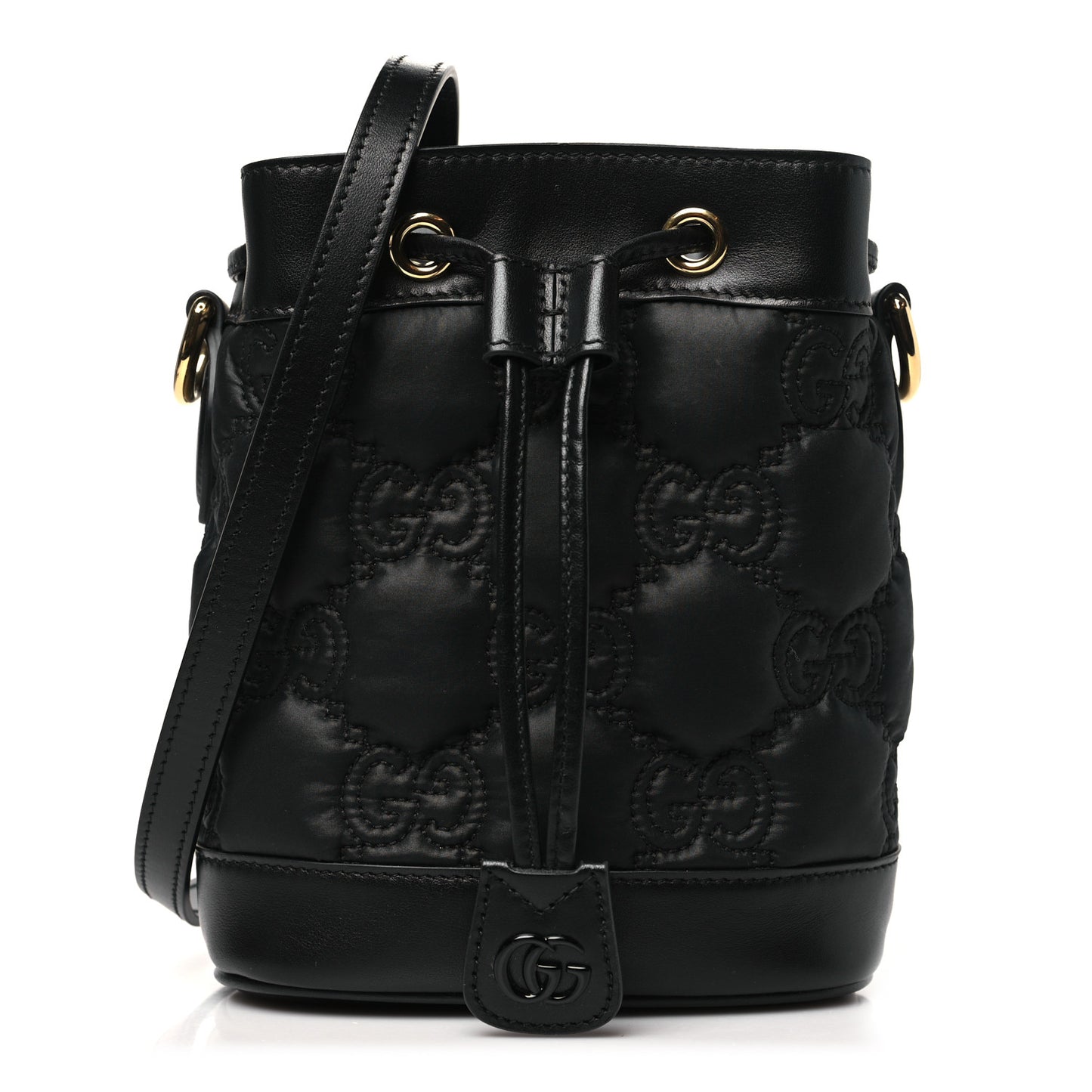 Nylon Calfskin Enamel GG Matelasse Bucket Bag Black
