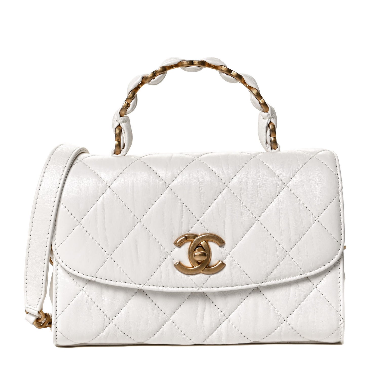 Crumpled Lambskin Quilted Mini CC Links Top Handle Flap White
