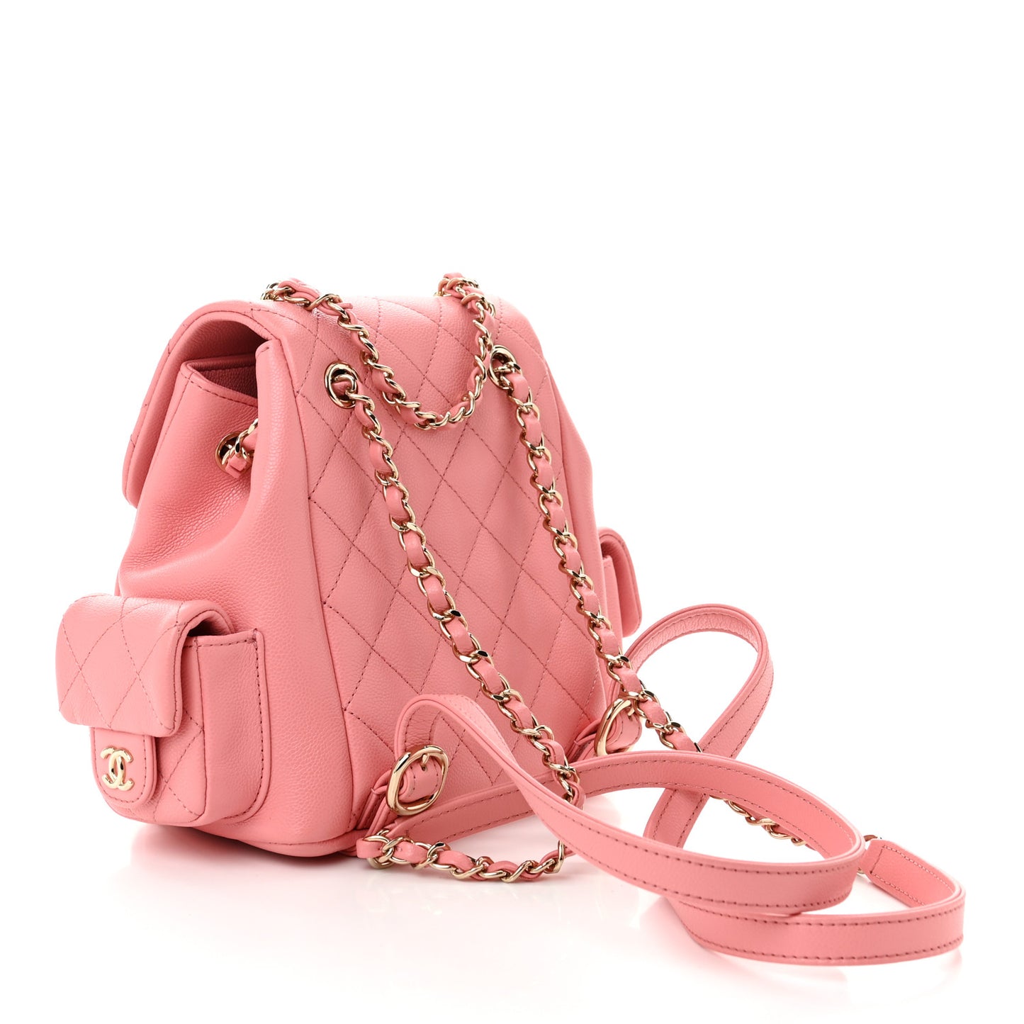 Shiny Caviar Quilted Small Pockets Drawstring Backpack Pink