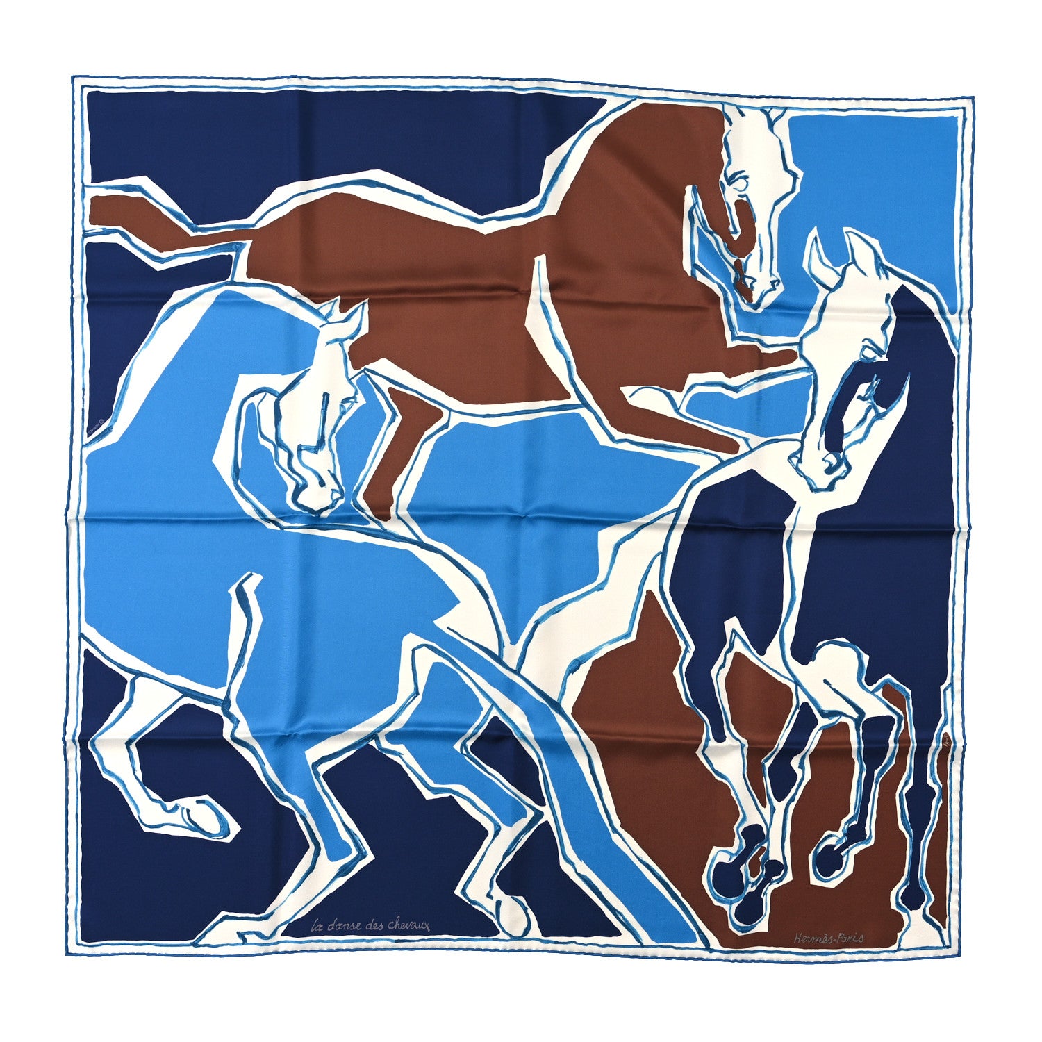 Hermes Silk La Danse des Chevaux Scarf 90 Marine Cobalt Marron 1 of 4