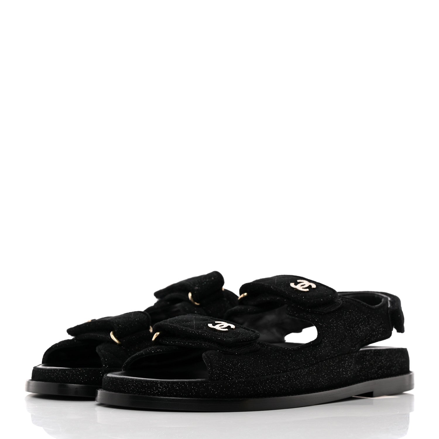 Chanel Suede Kidskin Glitter Crystal Velcro Dad Sandals 39 Black Silver 3 of 18