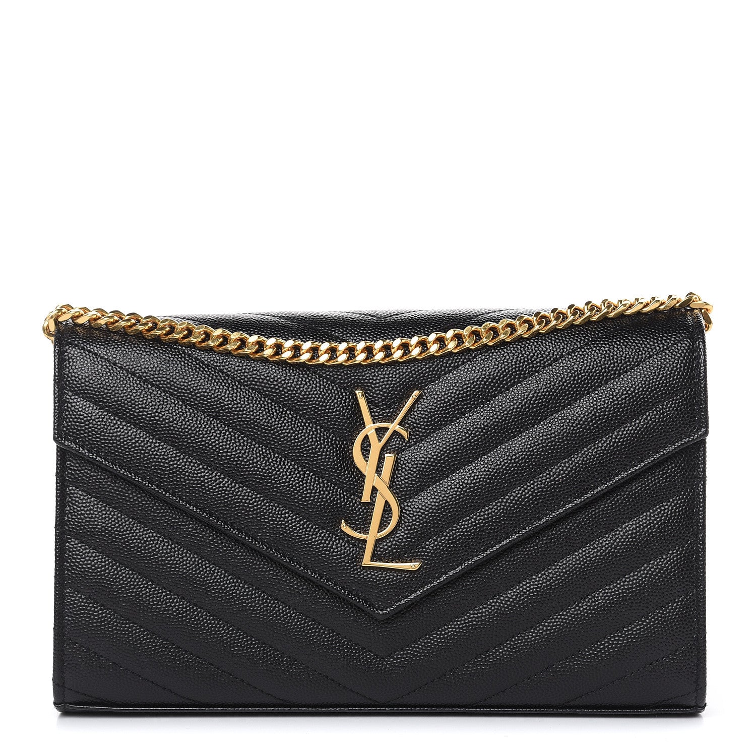 Saint Laurent Grain De Poudre Matelasse Chevron Monogram Chain Wallet Black 1 of 8