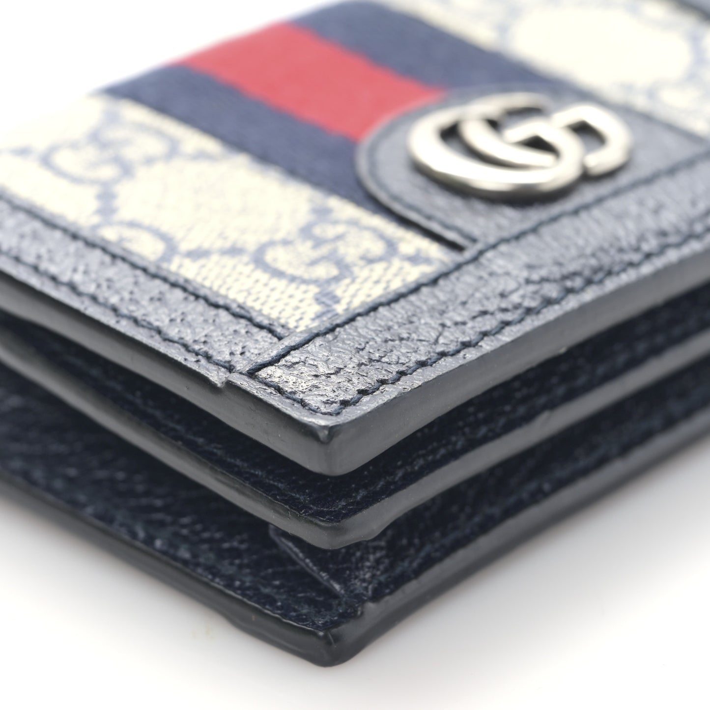 GG Supreme Monogram Textured Dollar Calfskin Web Ophidia Card Case Beige Blue