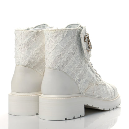 Chanel Tweed Lambskin Quilted Lace Up Combat Boots 39 White 4 of 9