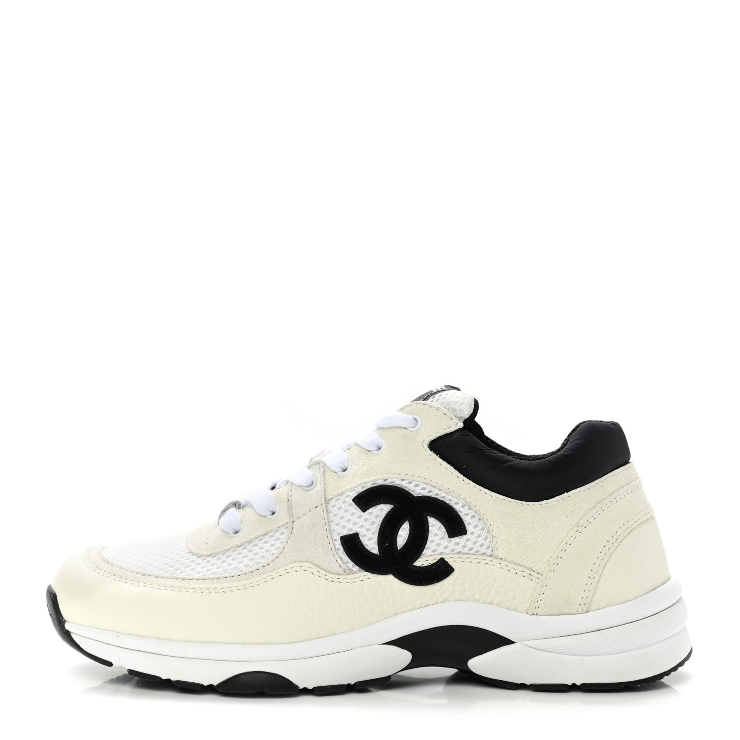 Chanel Mesh Suede Calfskin Grained Calfskin Womens CC Sneakers 38.5 White Black 1 of 9