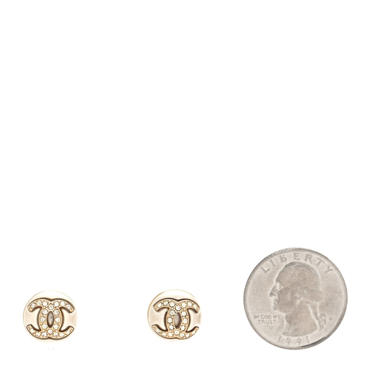 Pearl Crystal Metal CC Round Earrings Gold