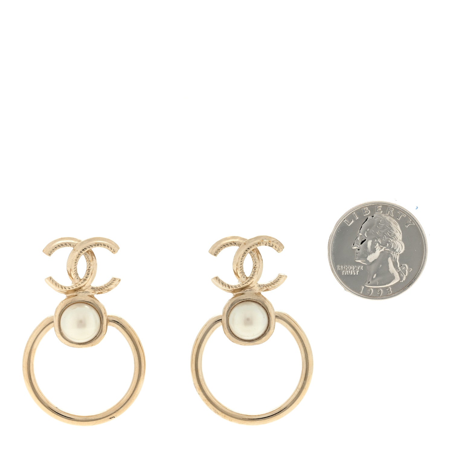 Chanel Metal Pearl CC Hoop Drop Earrings Gold 2 of 4
