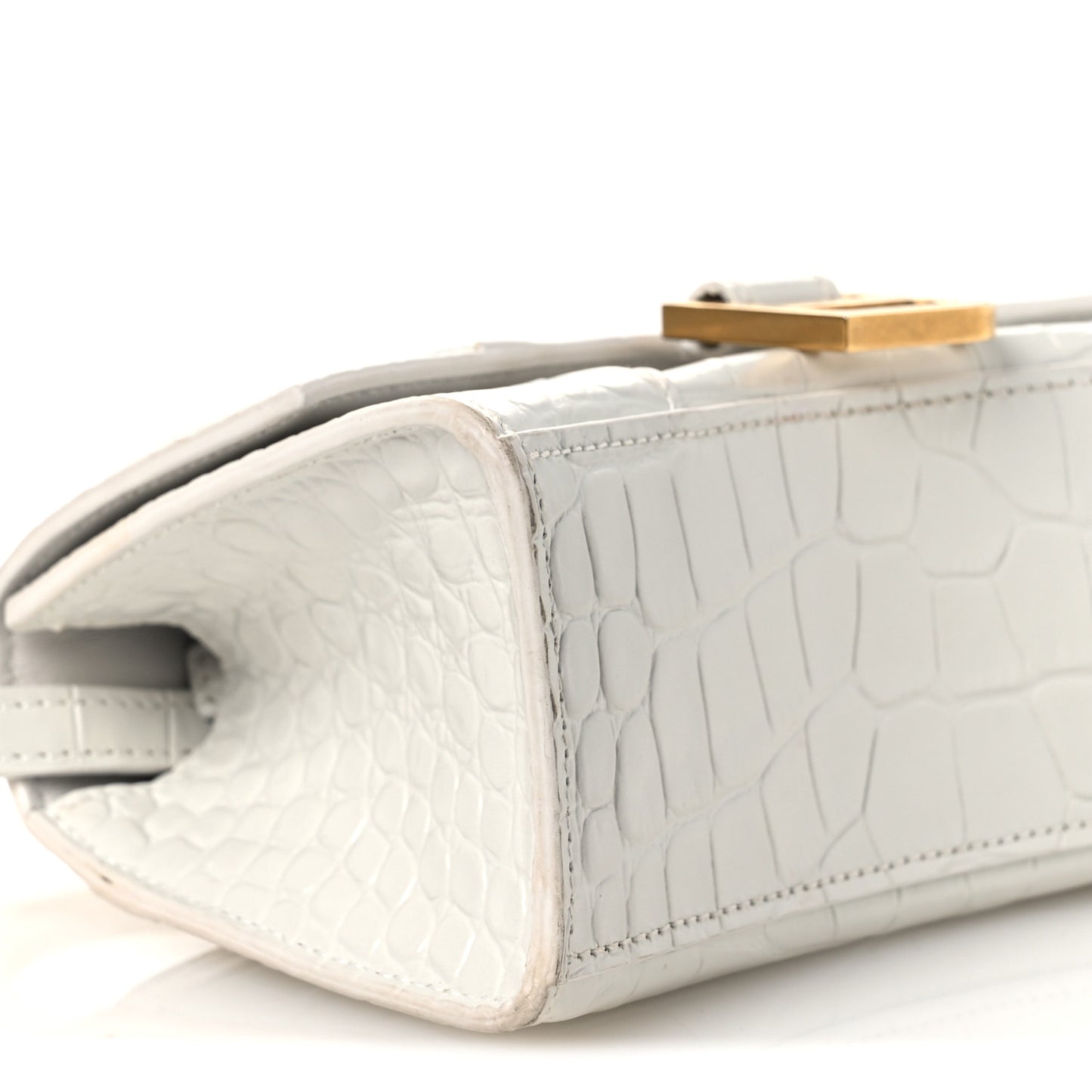 Shiny Calfskin Crocodile Embossed Hourglass Top Handle Bag XS White