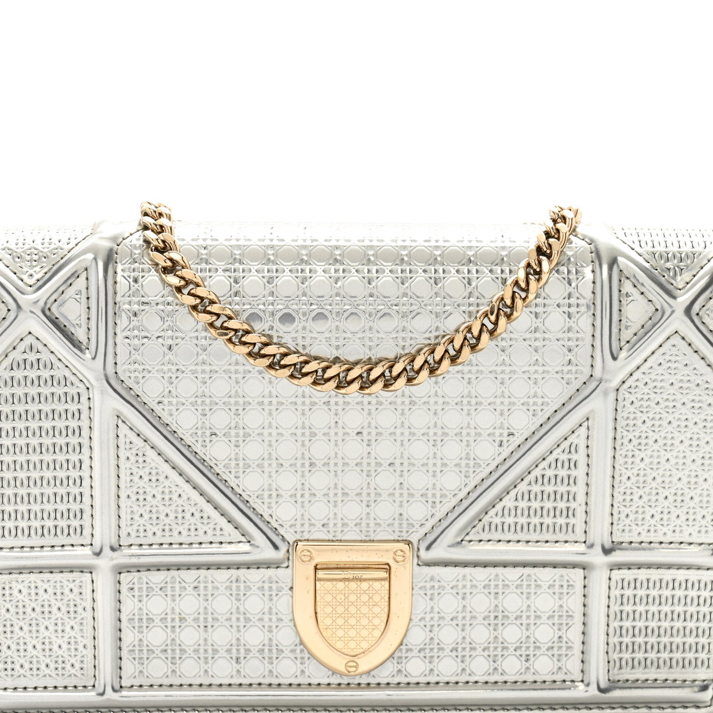Metallic Patent Micro-Cannage Diorama Wallet on Chain Pouch Silver