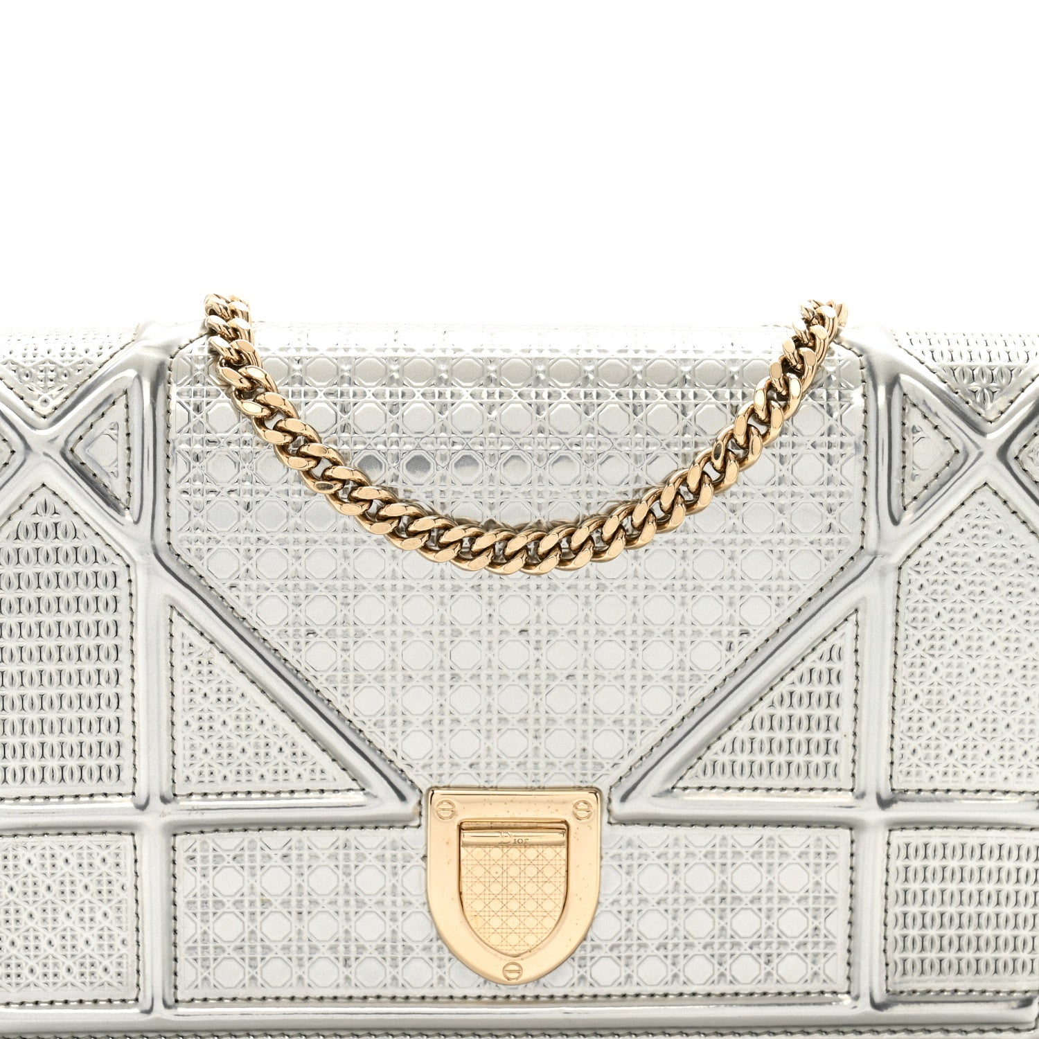 Christian Dior Metallic Patent Micro-Cannage Diorama Wallet on Chain Pouch Silver 6 of 8