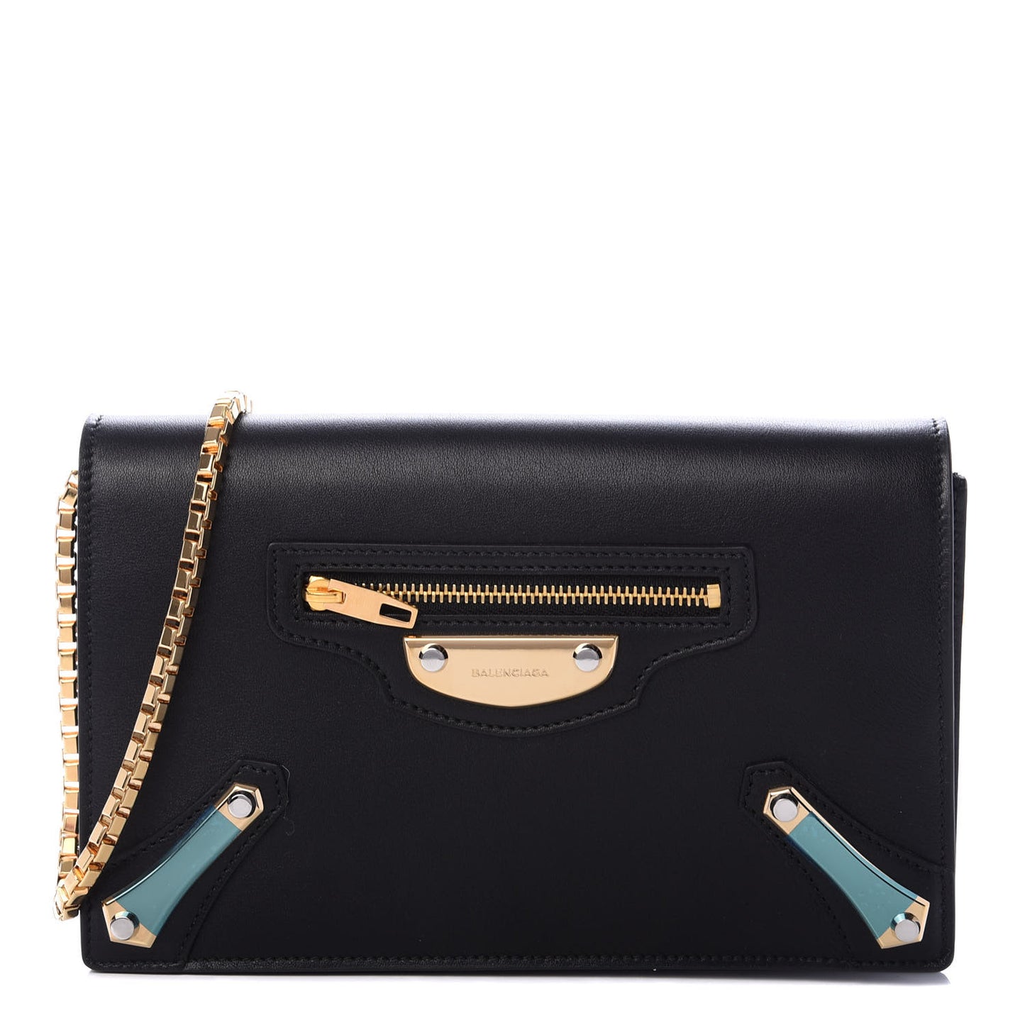 Veau Amp Plate Gold Chain Wallet Black