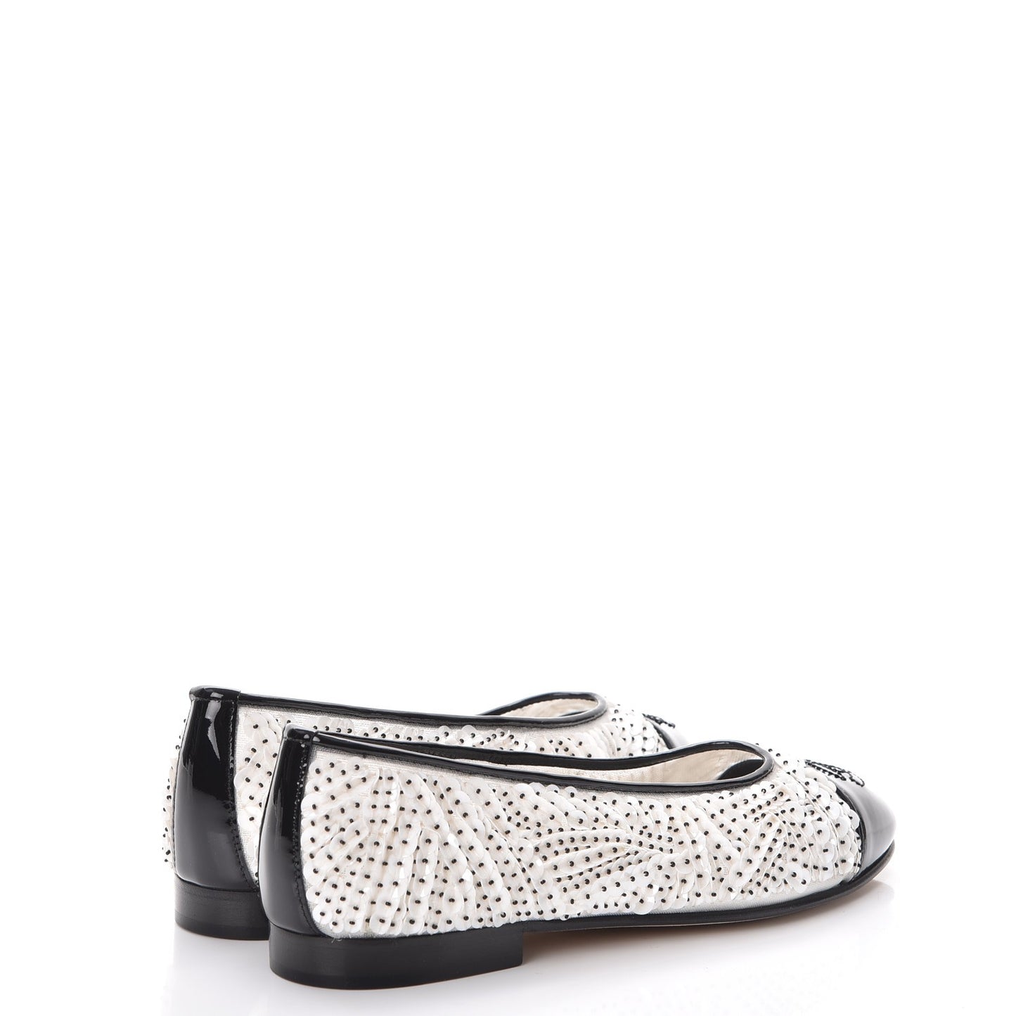 Patent Calfskin Sequin Embroidered Cap Toe Ballerina Flats 36 White Black