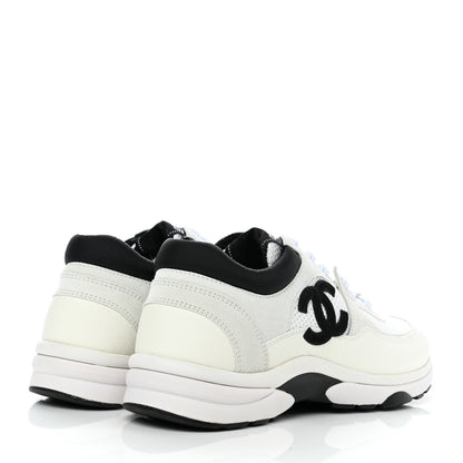 Chanel Mesh Suede Calfskin Grained Calfskin Womens CC Sneakers 38 White Black 4 of 9