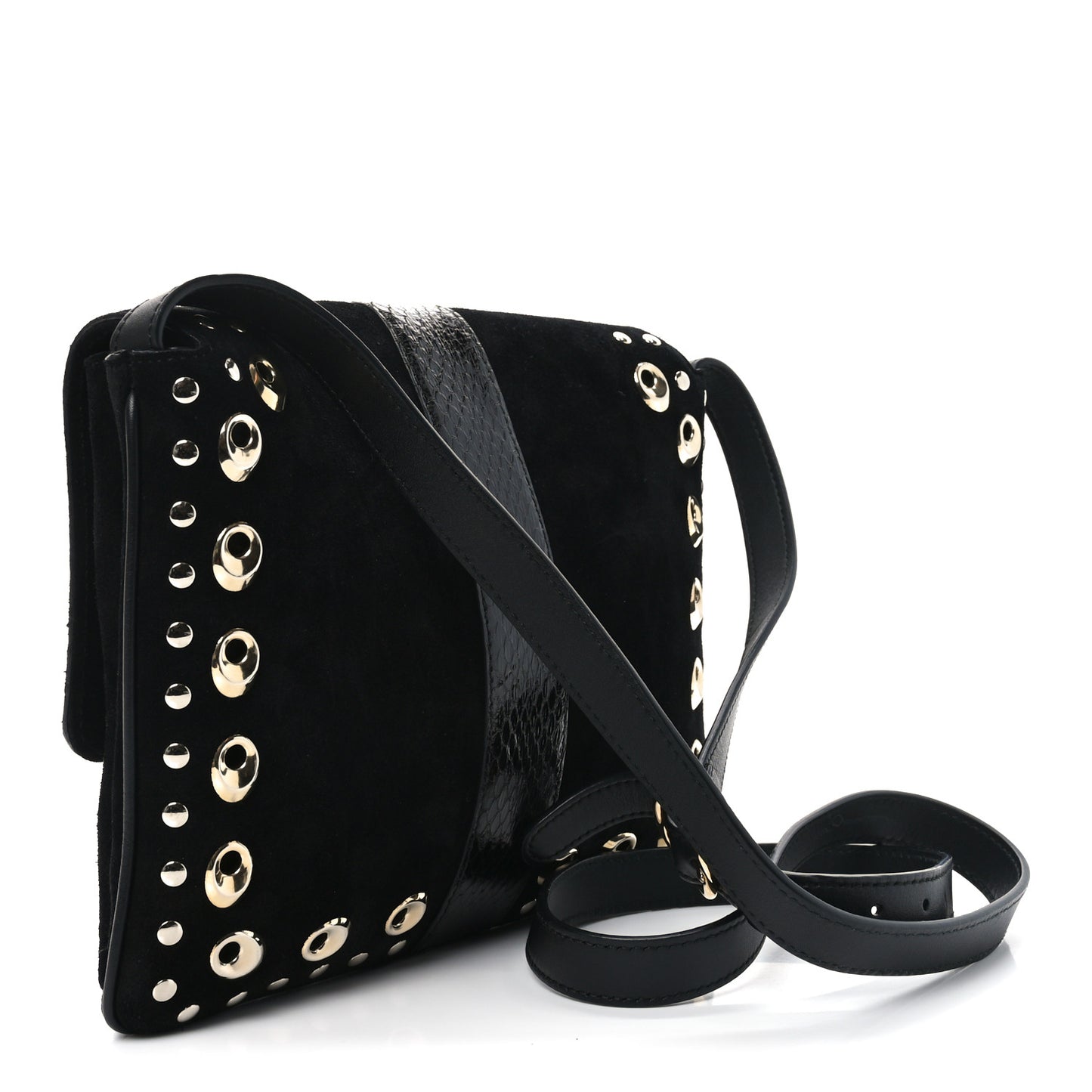 Suede Snakeskin Studded Medium Arli Flap Shoulder Bag Black