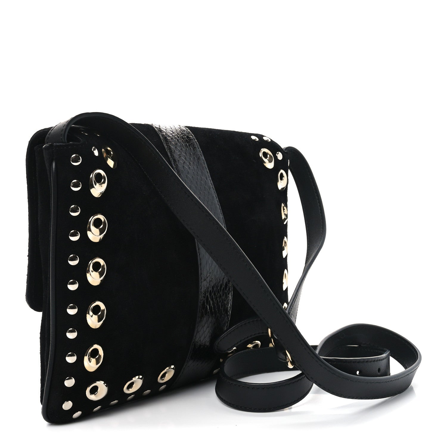 Gucci Suede Snakeskin Studded Medium Arli Flap Shoulder Bag Black 3 of 10