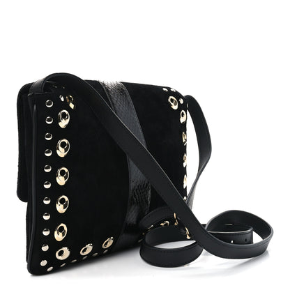 Gucci Suede Snakeskin Studded Medium Arli Flap Shoulder Bag Black 3 of 10