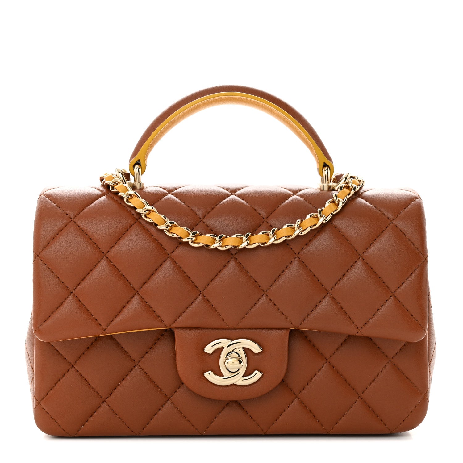 Chanel Lambskin Quilted Bi-Color Mini Top Handle Rectangular Flap Light Brown Yellow 1 of 11