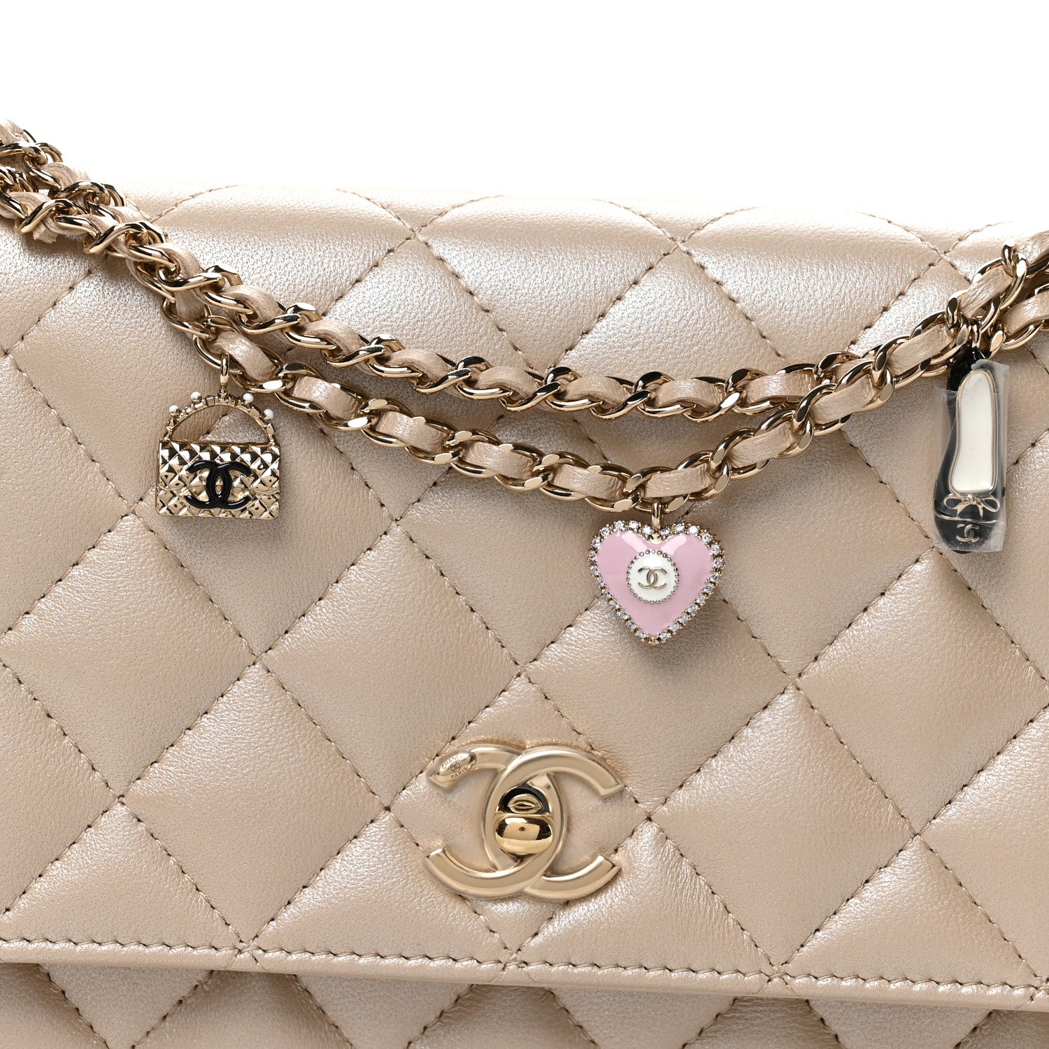 Chanel Pearly Lambskin Quilted Charms Wallet On Chain WOC Beige 9 of 12