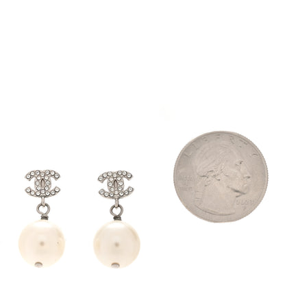 Chanel Crystal Pearl CC Drop Earrings Silver Pearly White 2 of 4