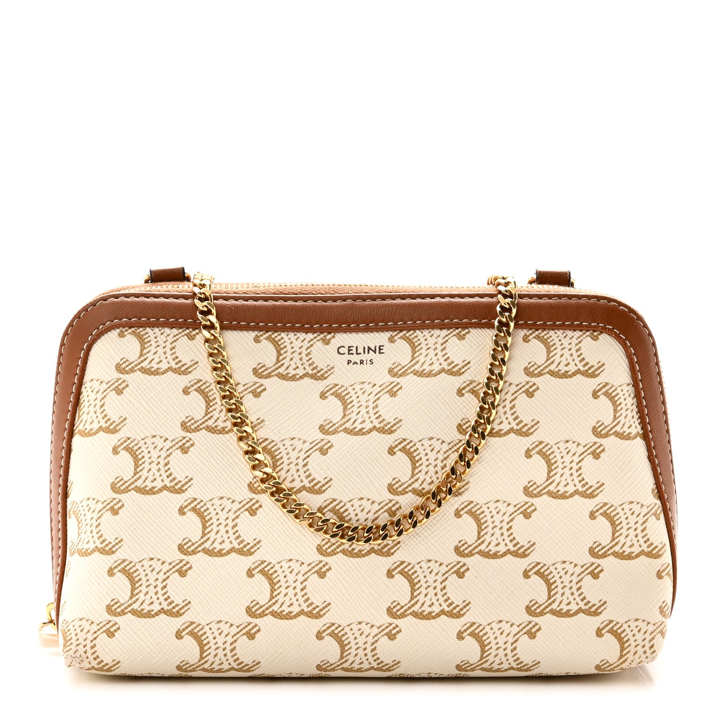 Lambskin Triomphe Canvas Clutch With Chain White Tan