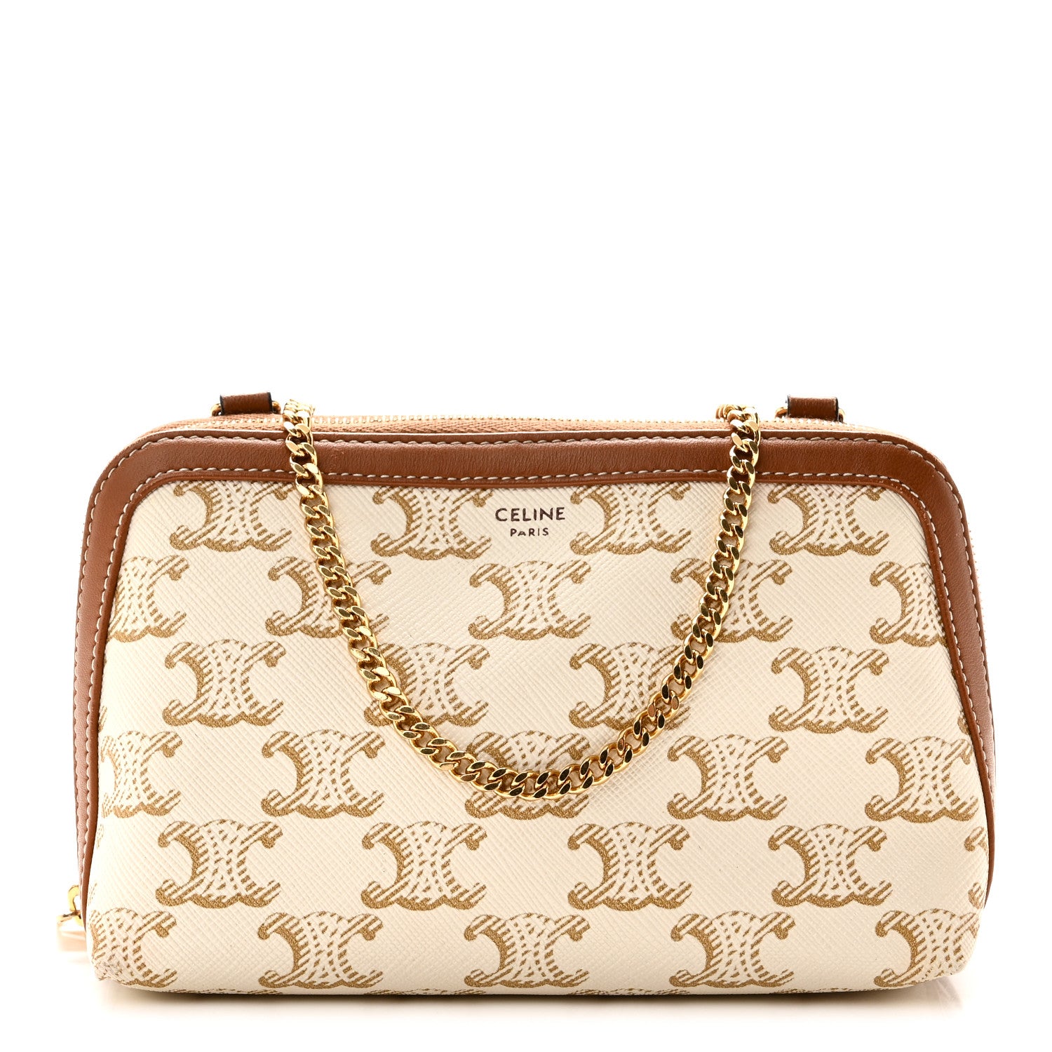 Celine Lambskin Triomphe Canvas Clutch With Chain White Tan 1 of 10