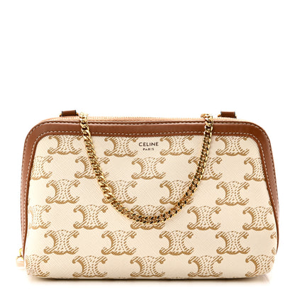 Celine Lambskin Triomphe Canvas Clutch With Chain White Tan 1 of 10