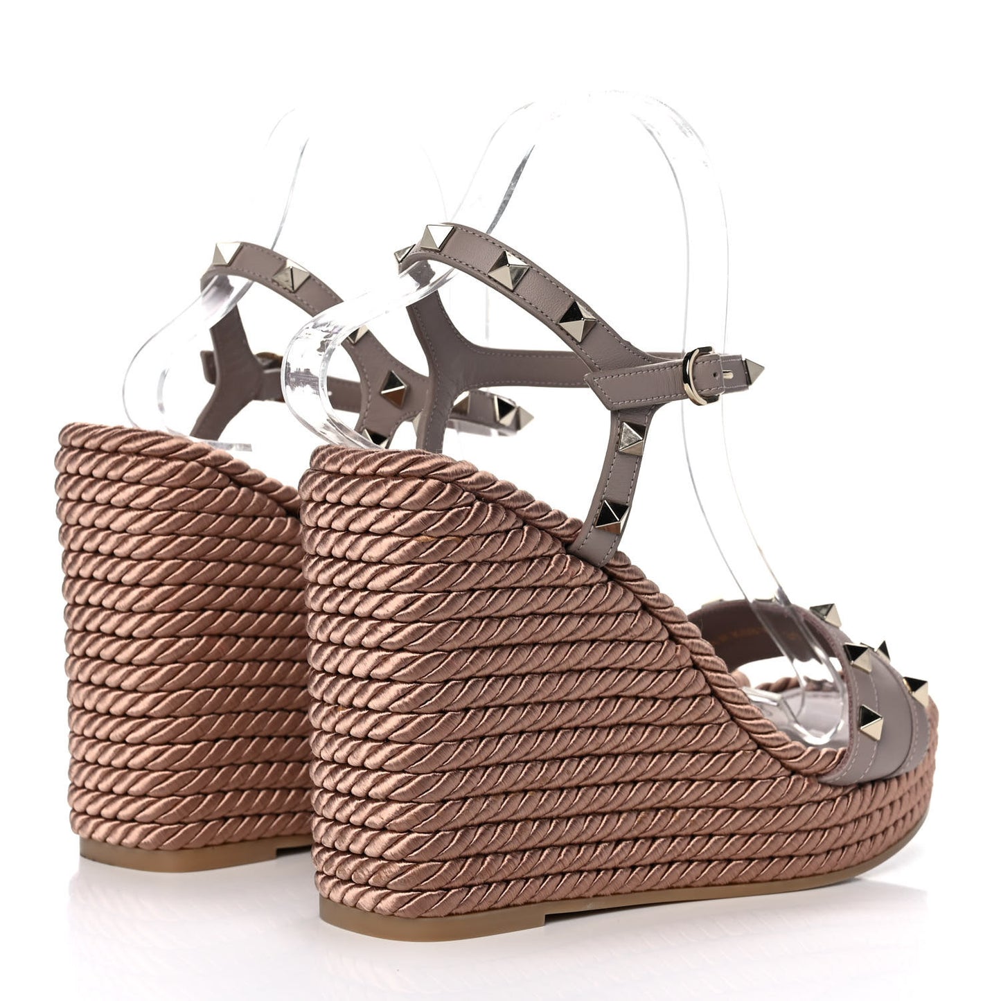 Calfskin Rockstud Ankle Strap Torchon Espadrille 25/115mm Wedge Sandals 39 Poudre