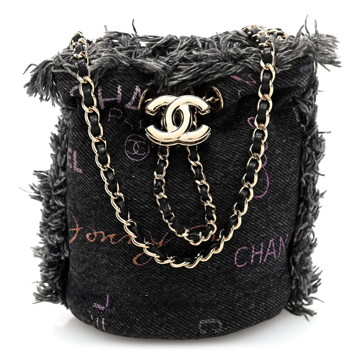 Denim Quilted Mood Bucket With Chain Black Multicolor