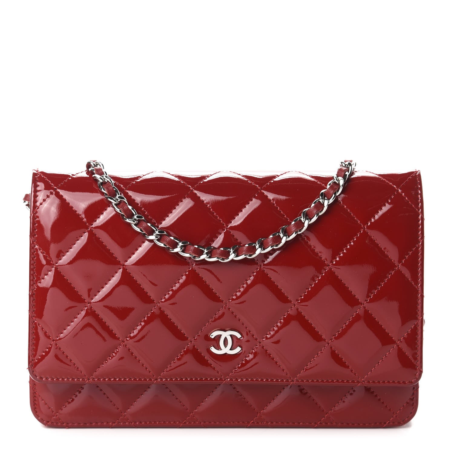 Chanel Patent Quilted Wallet On Chain WOC Red 1 of 12