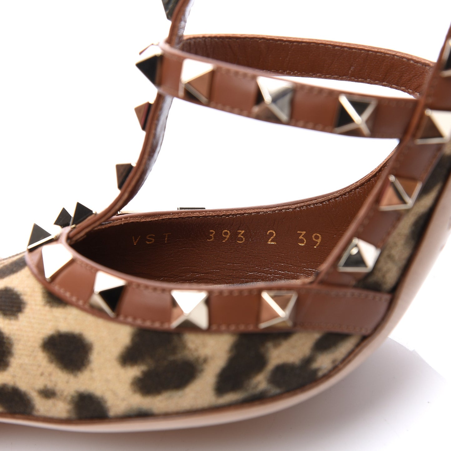 Canvas Leopard Print Rockstud Ankle Strap 100mm Pumps 39 Brown