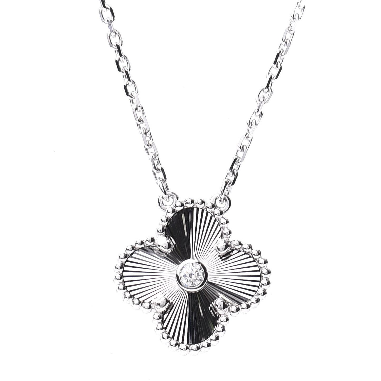 18K White Gold Diamond Guilloche Vintage Alhambra Pendant Necklace