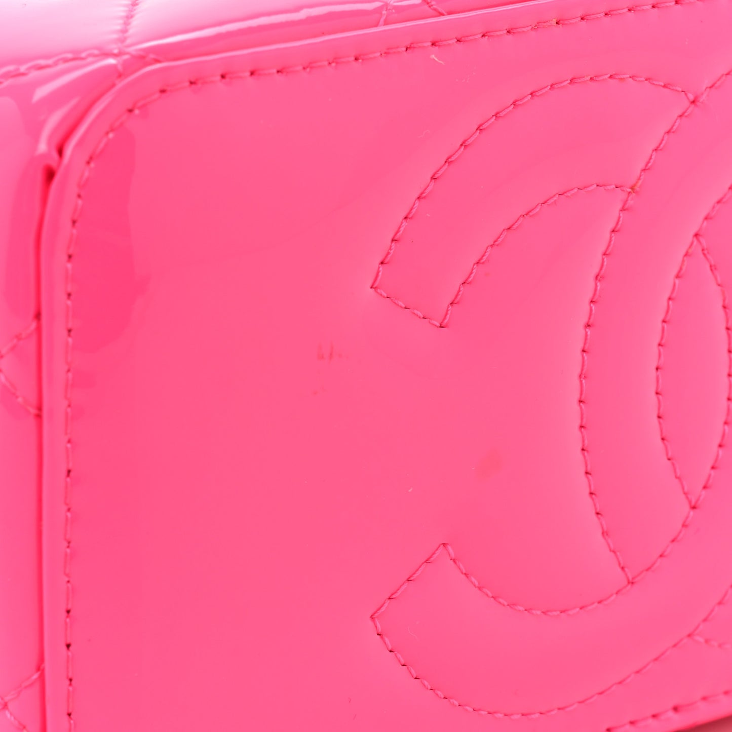 Patent Quilted Pearl Crush Small Vanity Case With Chain Neon Pink
