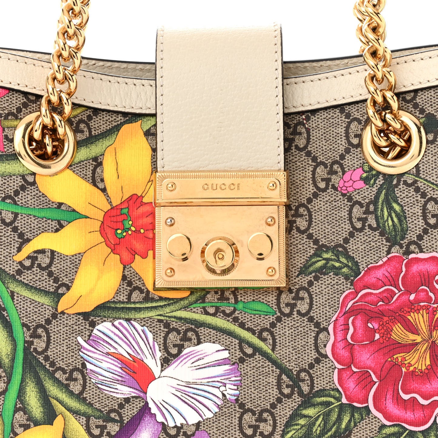 GG Supreme Monogram Flora Textured Calfskin Small Padlock Tote Beige Ebony Multicolor Mystic White