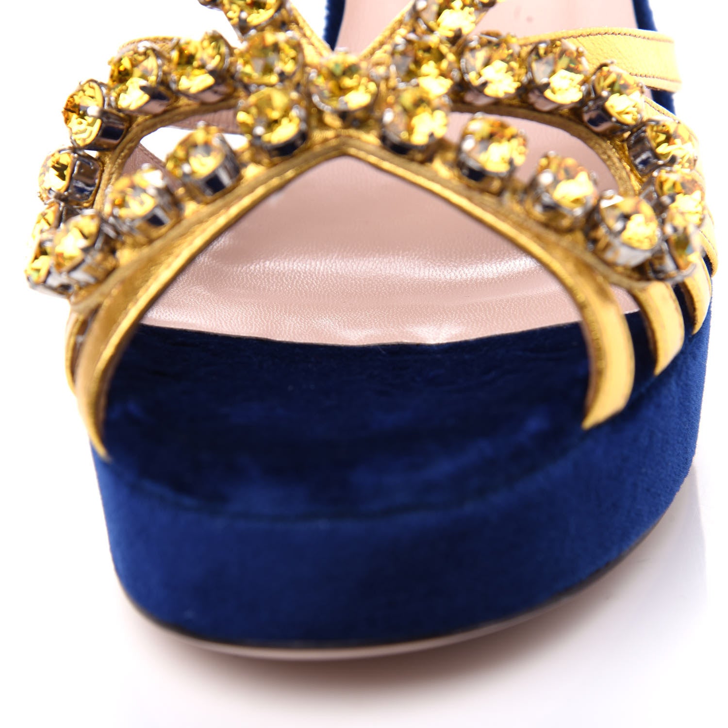Gucci Velvet Nappa Crystal Zephyra Slingback Platform High Heel Sandals 36 Blue Gold 10 of 11