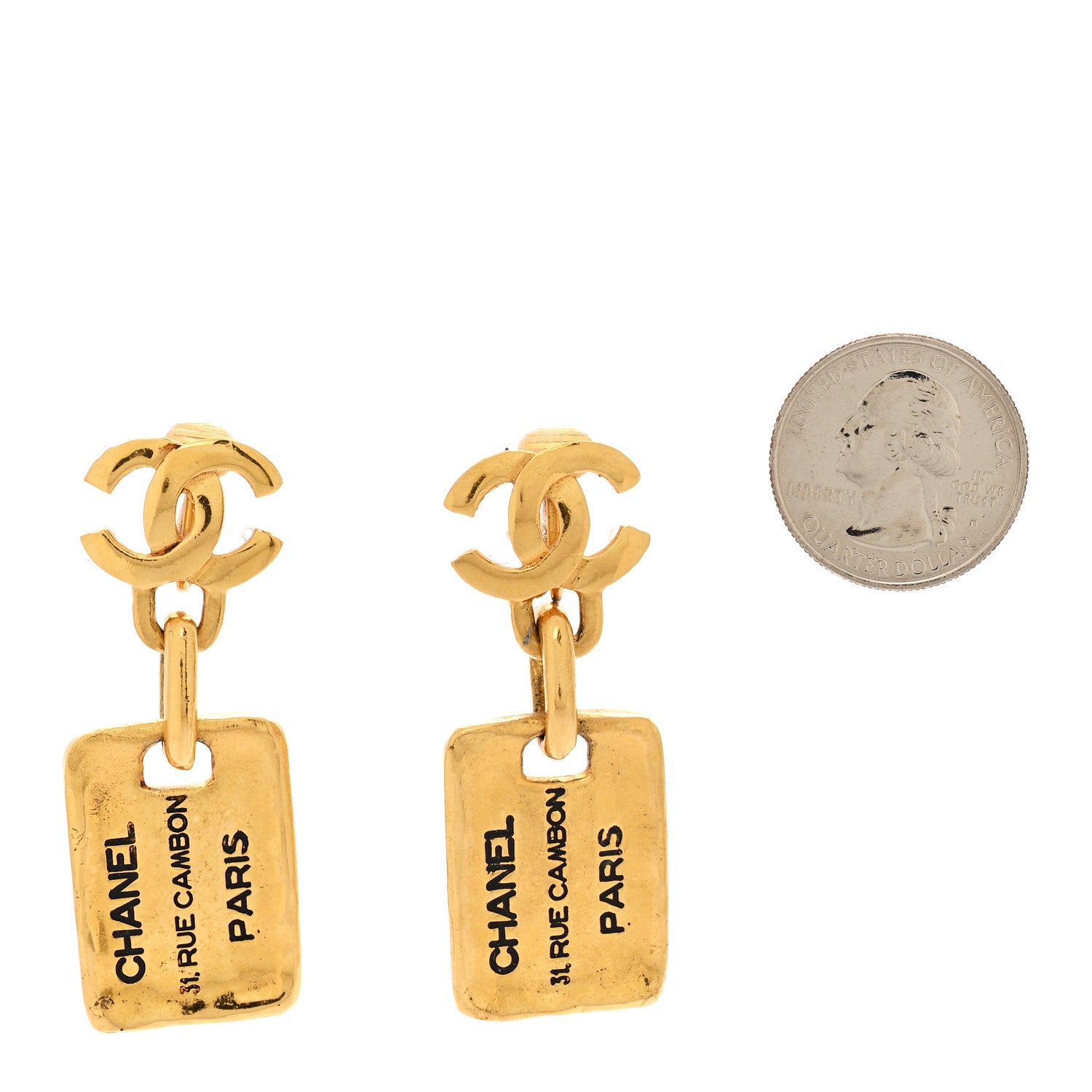 Chanel Metal Quilted Tag Drop Clip On Earrings Gold 2 of 6