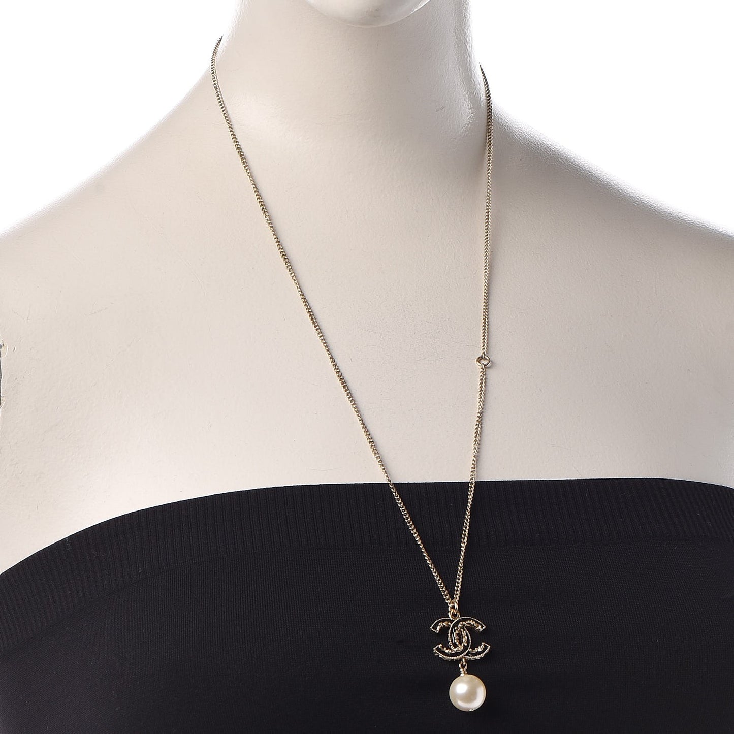 Enamel CC Baroque Pearl Drop Necklace Black Gold