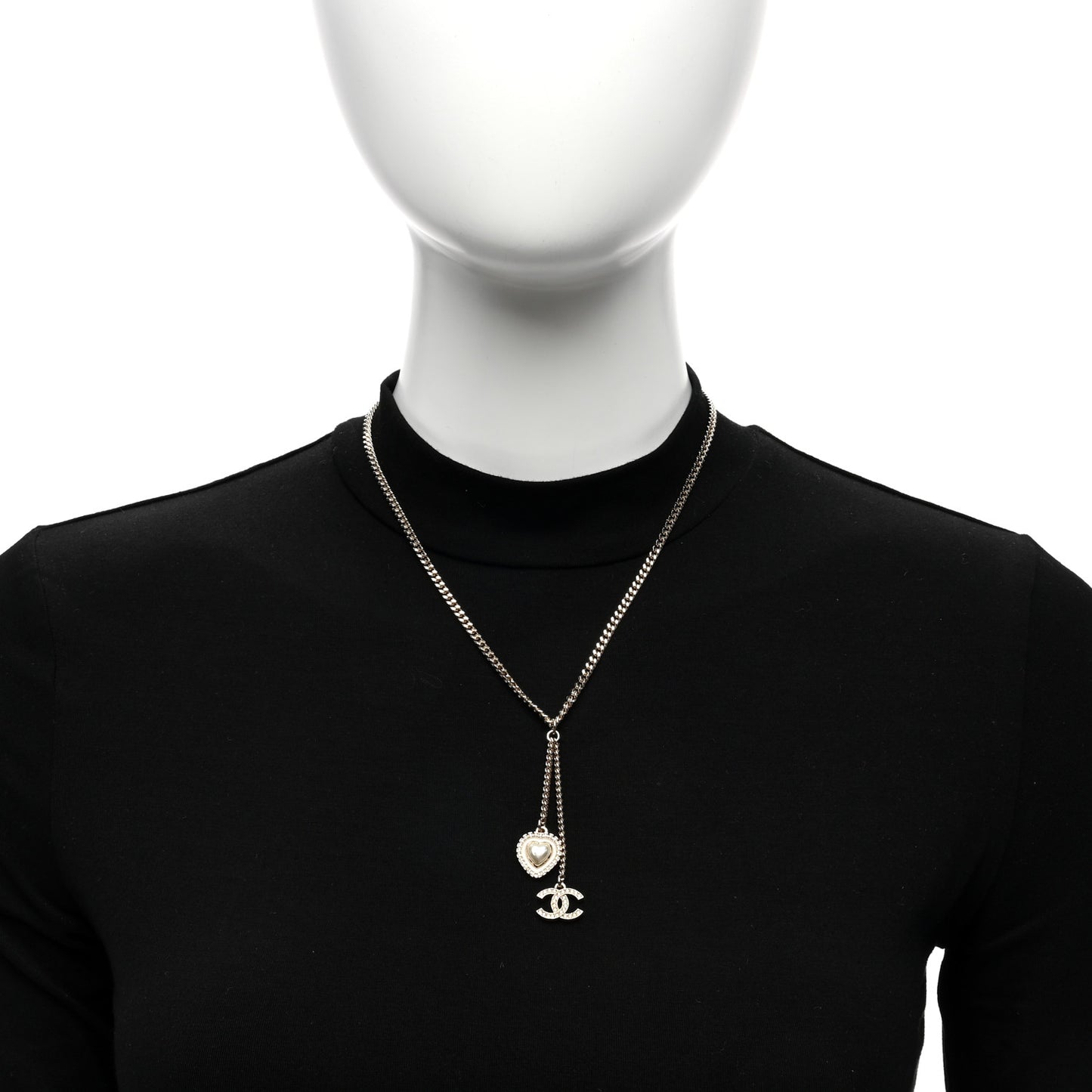 Crystal Pearl CC Heart Drop Necklace Silver White