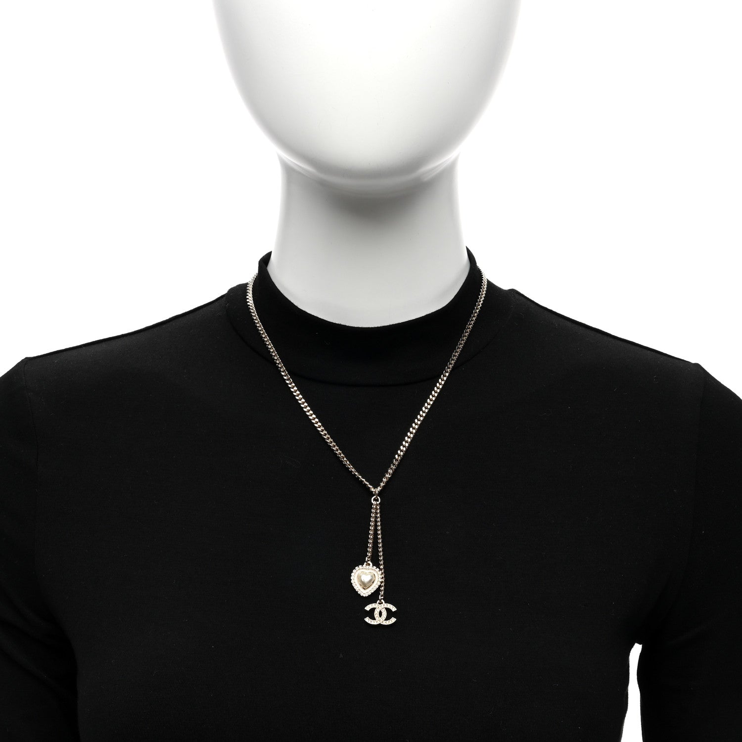 Chanel Crystal Pearl CC Heart Drop Necklace Silver White 3 of 5