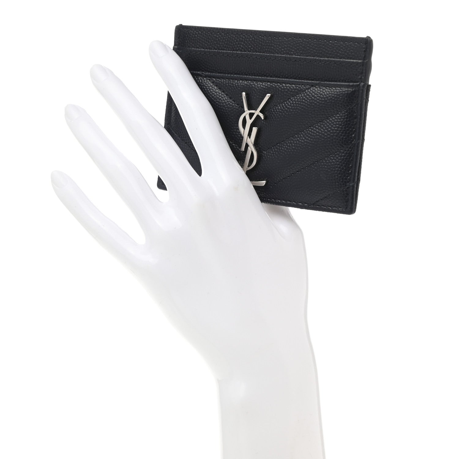Saint Laurent Grain De Poudre Matelasse Chevron Monogram Credit Card Case Navy 2 of 7