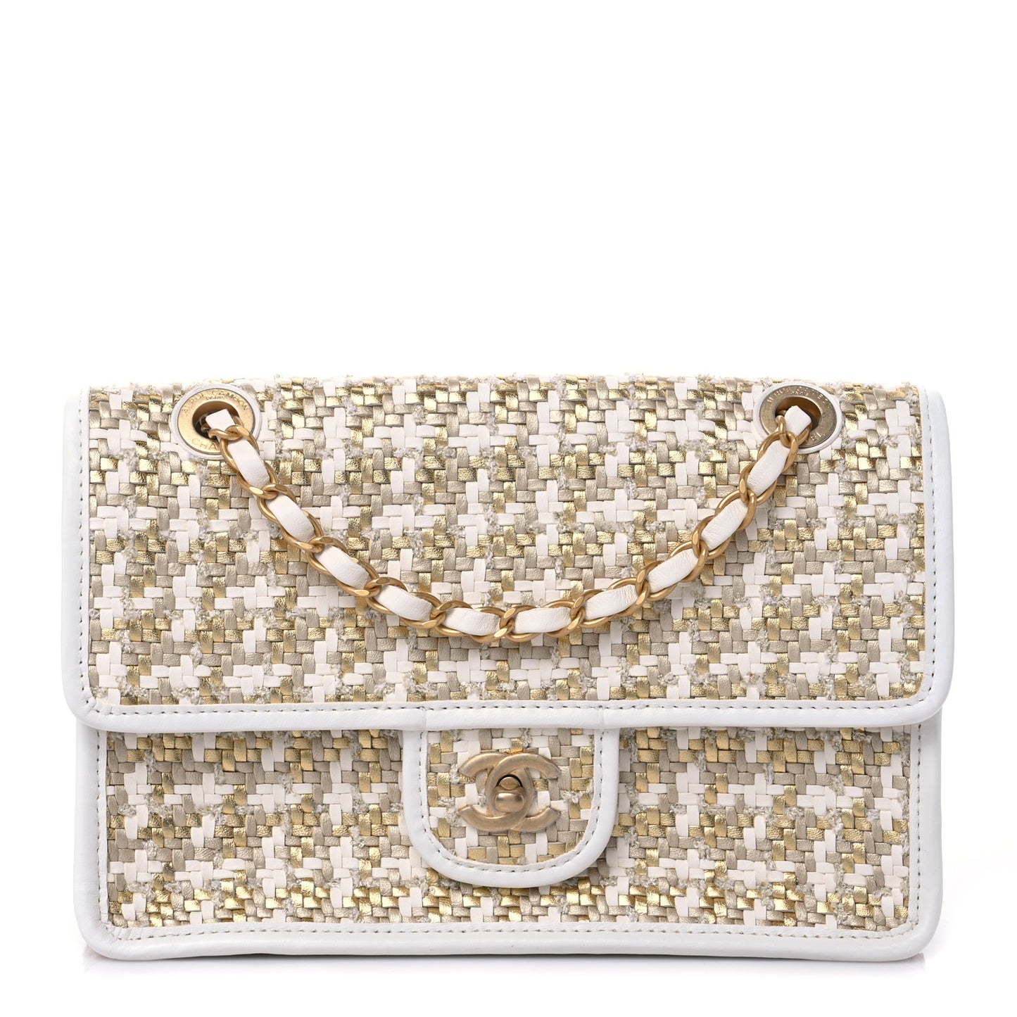 Metallic Lambskin Viscose Woven Flap Gold White