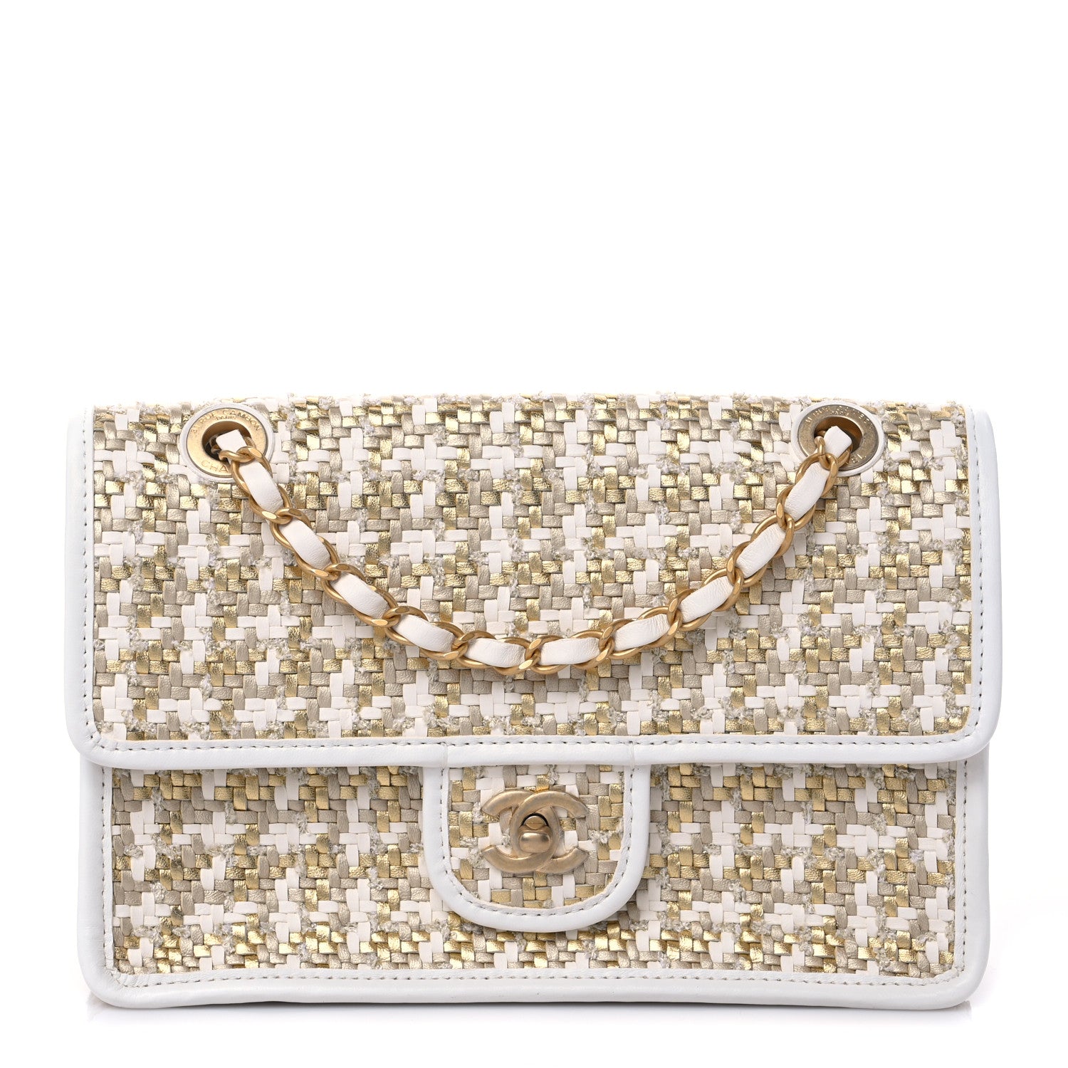 Chanel Metallic Lambskin Viscose Woven Flap Gold White 1 of 8