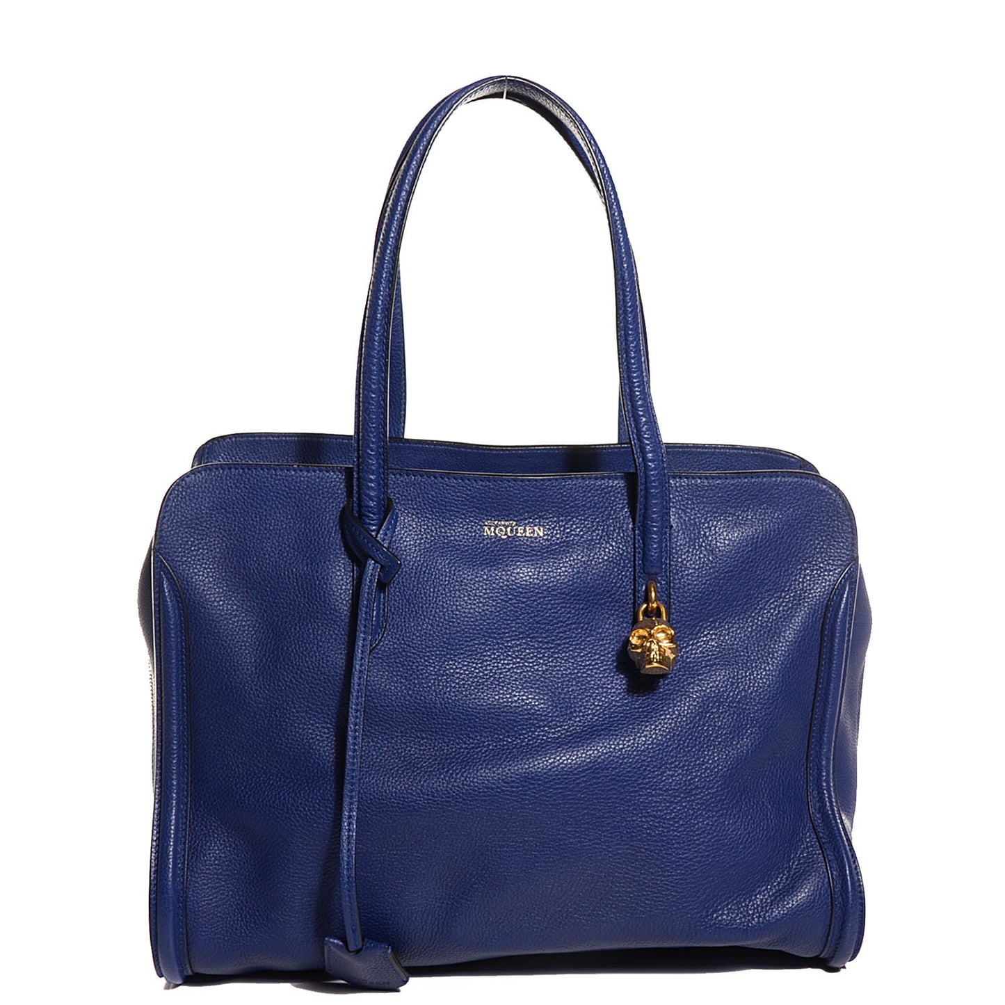 Pebbled Calfskin Large Skull Padlock Zip Around Tote Blue