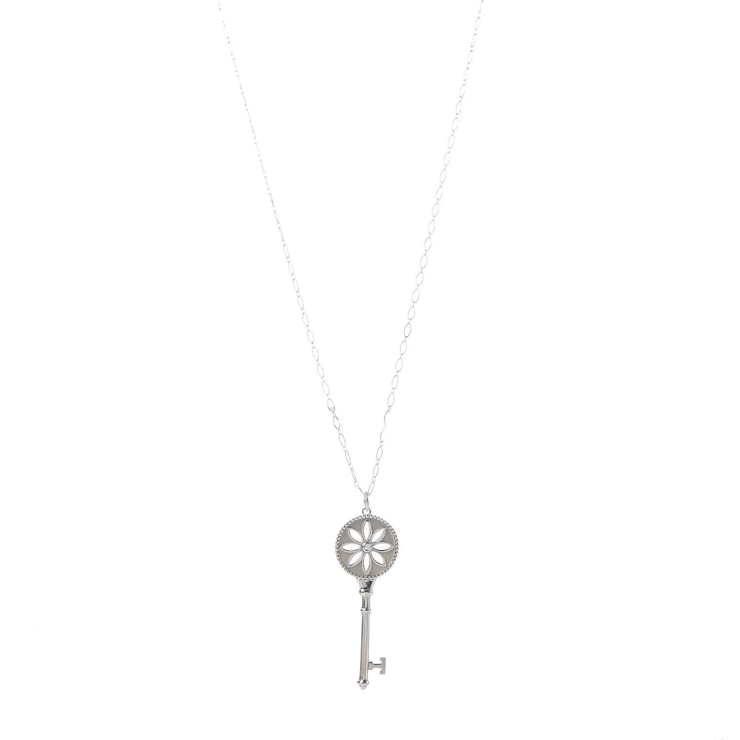 Sterling Silver Diamond Large Daisy Key Pendant Link Necklace
