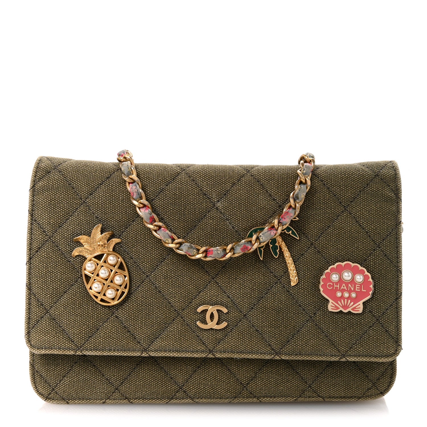 Chanel Canvas Quilted Coco Cuba Charms Wallet on Chain WOC Khaki 1 of 14